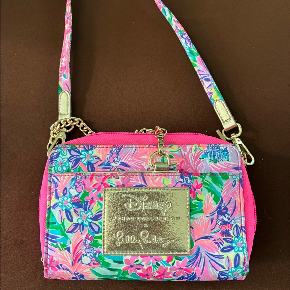Lilly Pulitzer Pink Floral Disney Crossbody with Gold Logo